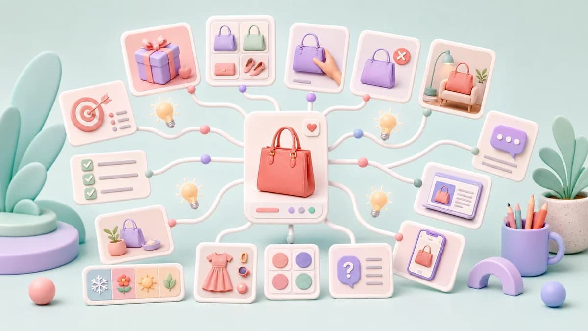 Иллюстрация одного товара, который разветвляется на множество идей для Pinterest-карточек