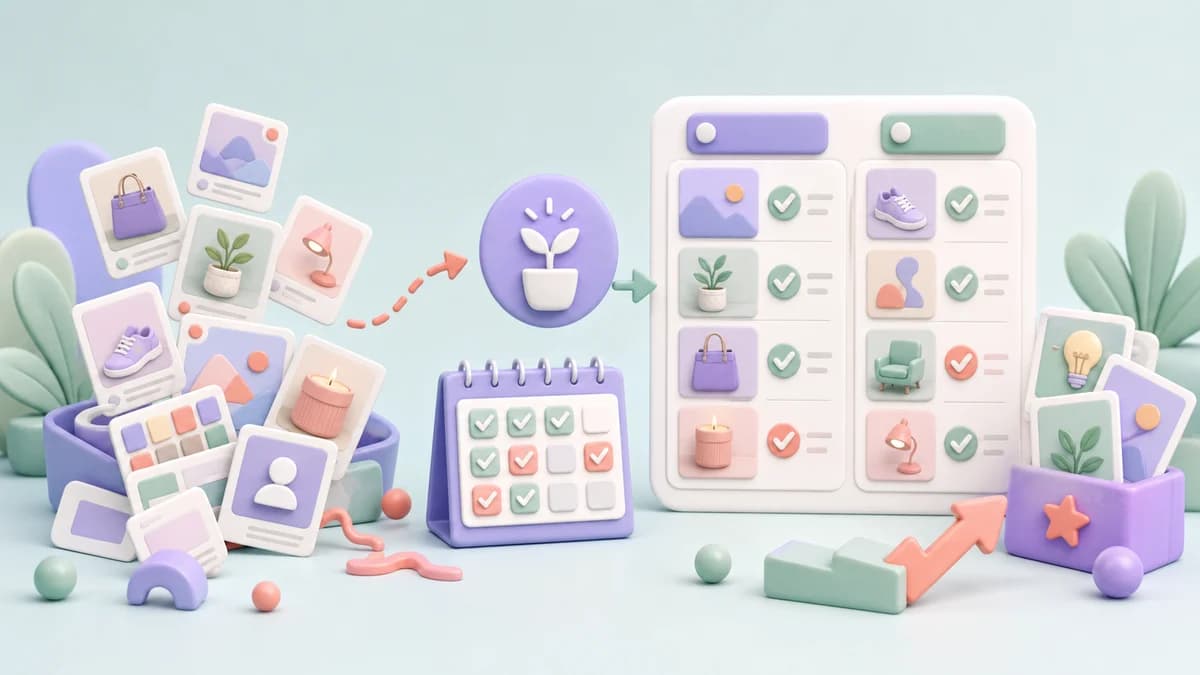 Иллюстрация перехода от хаотичных карточек Pinterest к регулярному плану публикаций