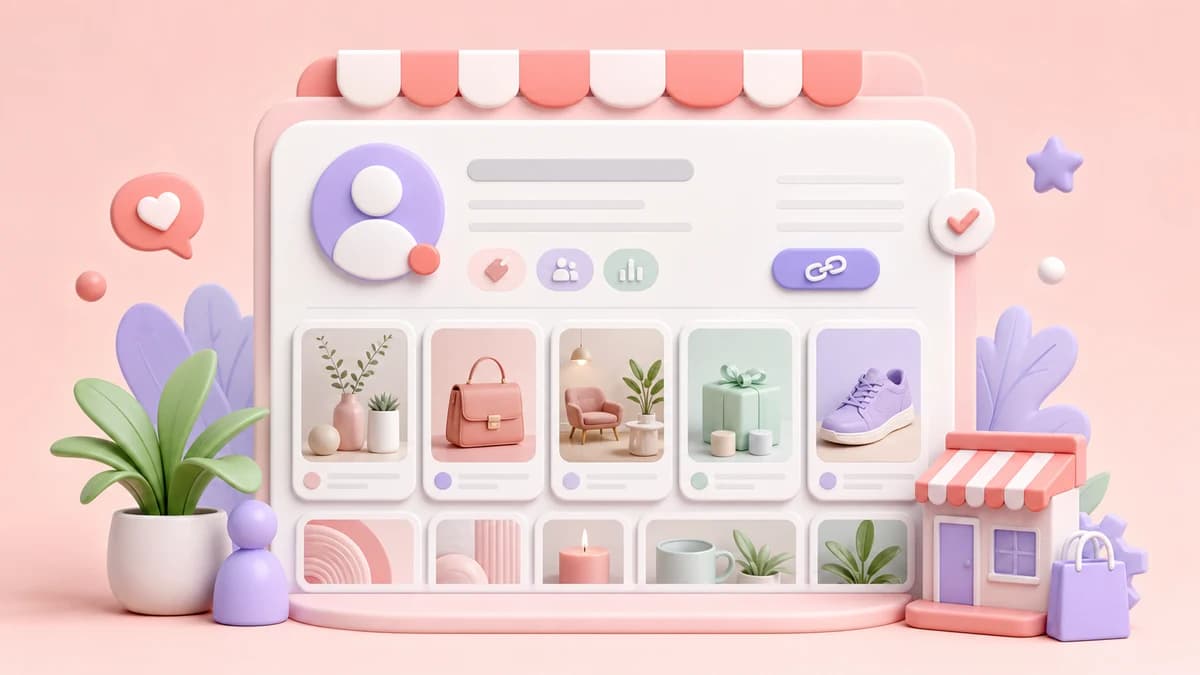 Иллюстрация профиля Pinterest для бизнеса с витриной, аватаром и карточками