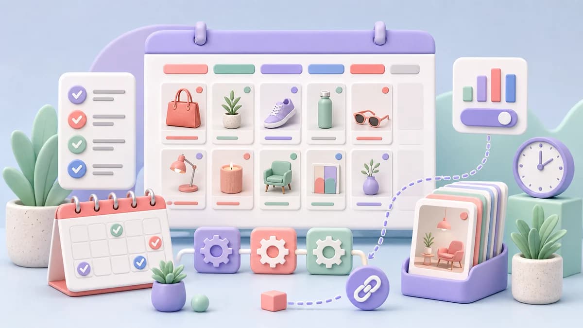 Иллюстрация регулярного Pinterest-процесса с календарем, карточками, чек-листом и автоматизацией