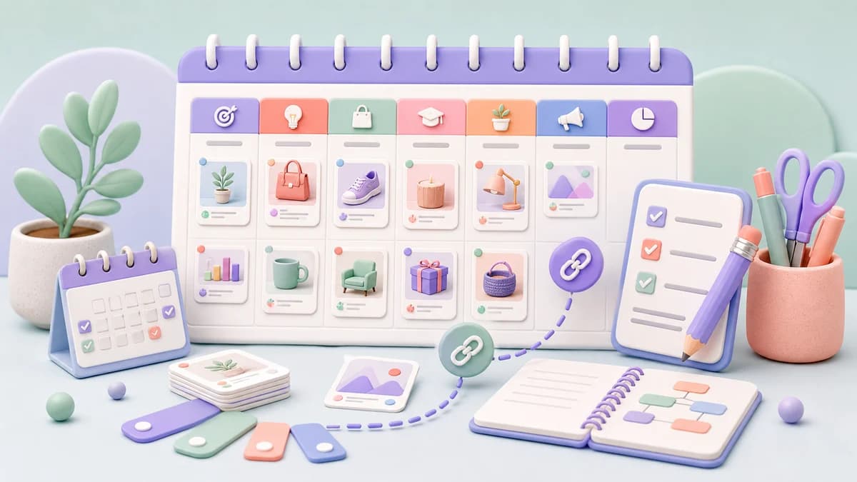 Иллюстрация месячного контент-плана Pinterest с календарем, карточками, ссылками и чек-листом