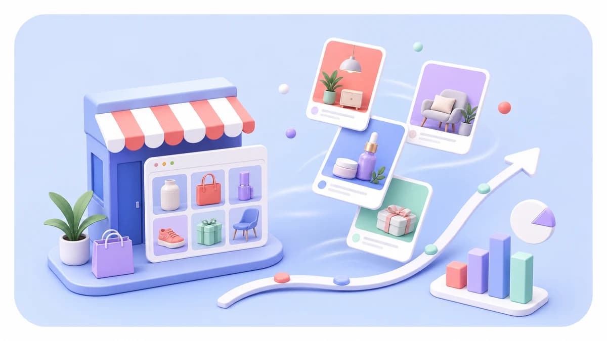 Иллюстрация магазина, визуальных карточек и роста для Pinterest-продвижения бизнеса