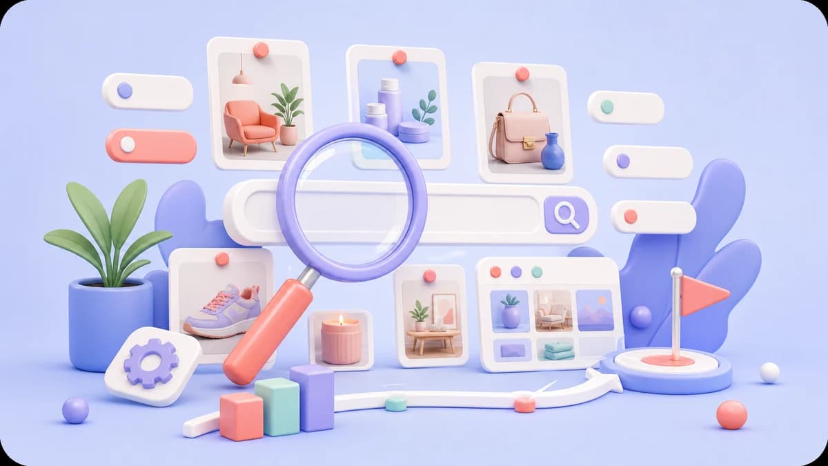 Иллюстрация Pinterest SEO с карточками, лупой и поисковыми подсказками