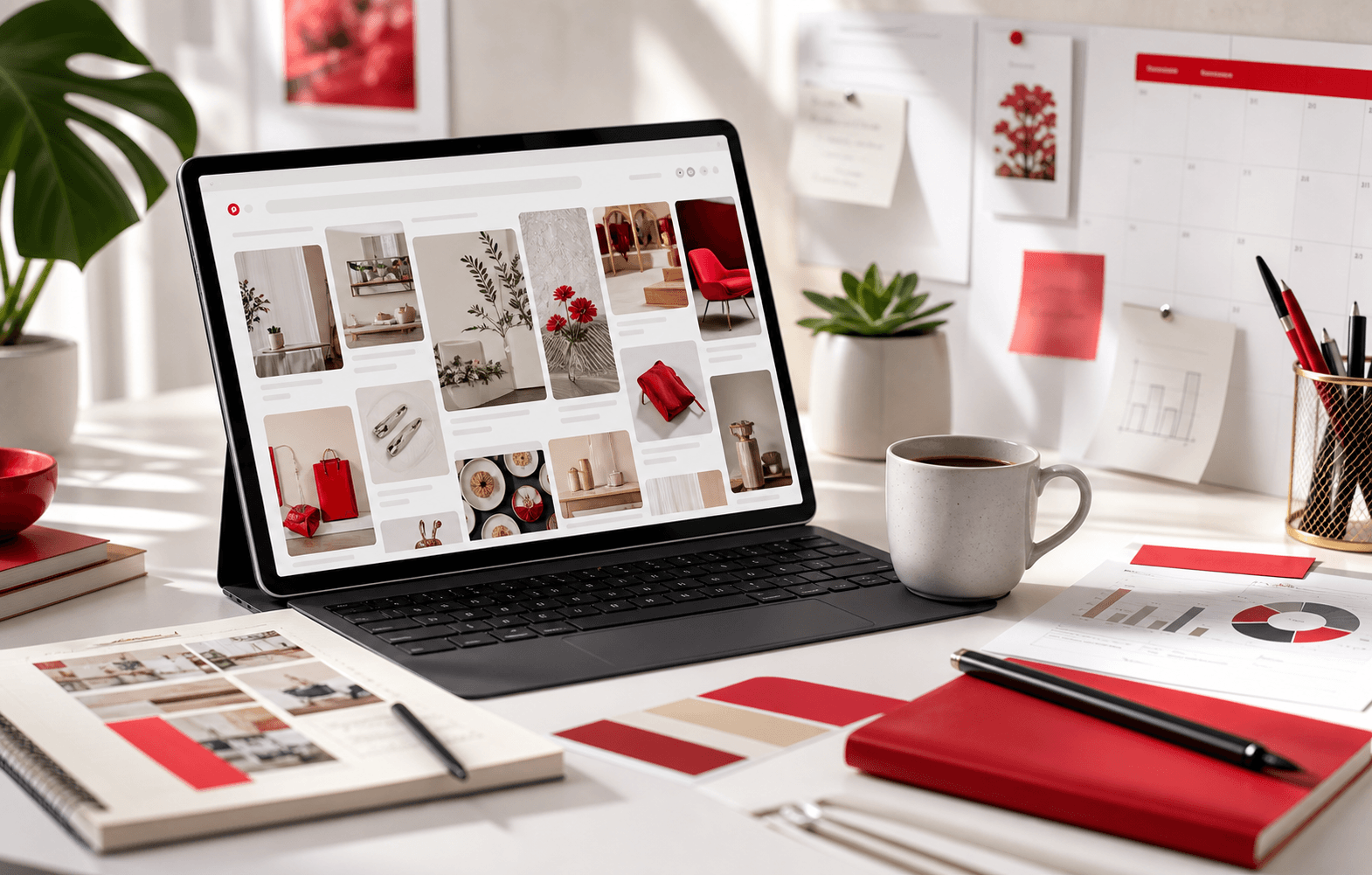 Рабочий стол с визуальной доской Pinterest, контент-планом и аналитикой
