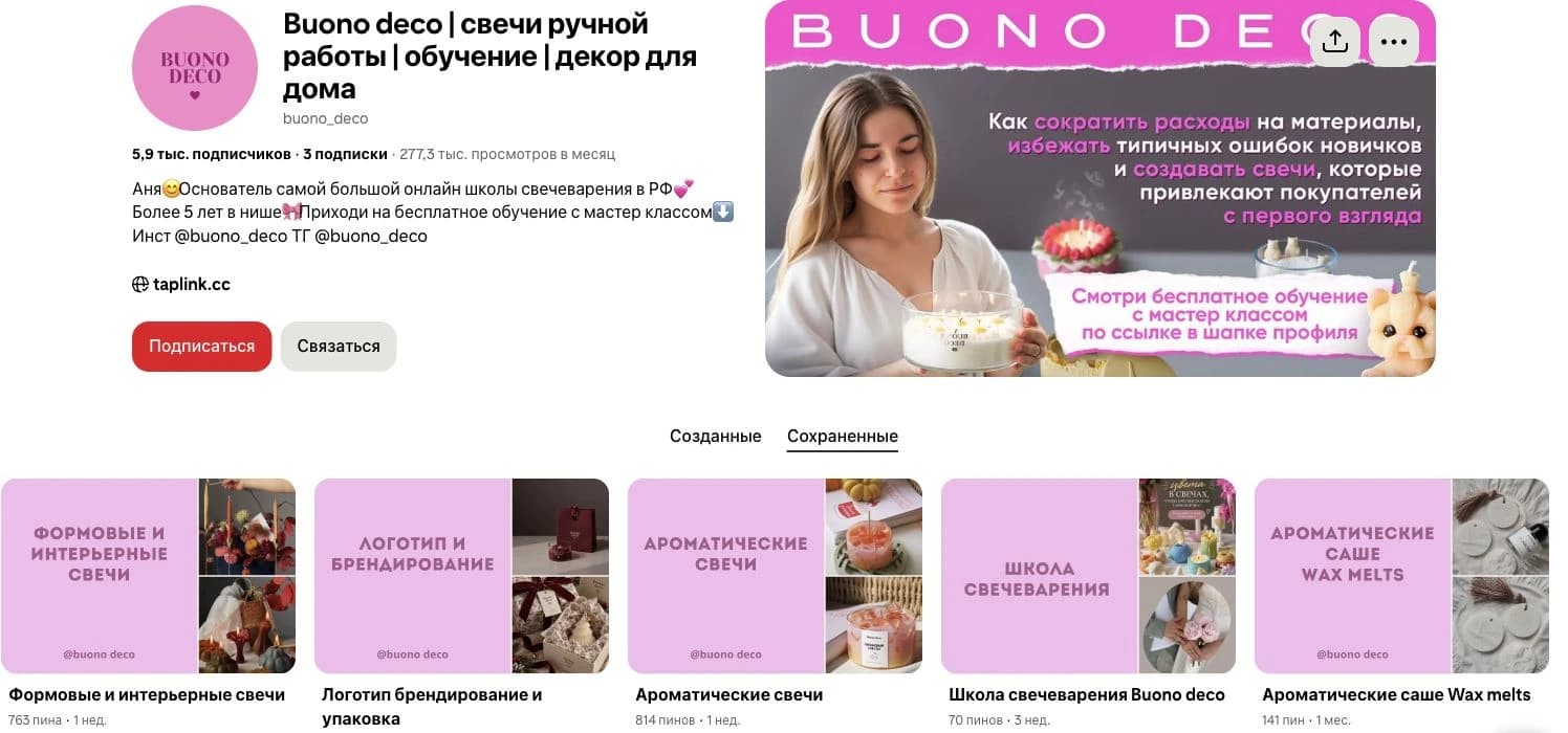 Профиль Buono deco в Pinterest: 277,3 тыс. просмотров в месяц и подборки контента
