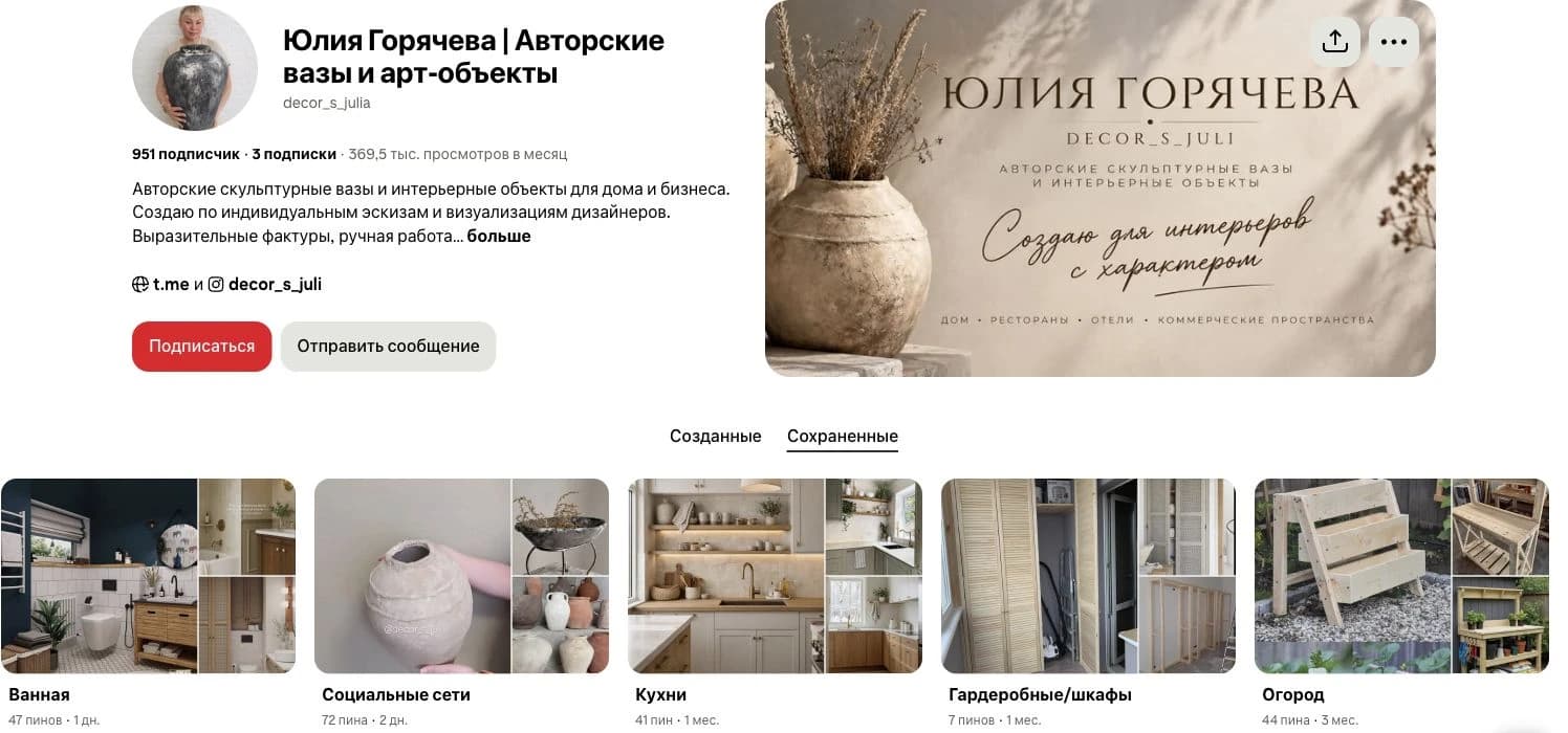 Профиль Юлия Горячева в Pinterest: 369,5 тыс. просмотров в месяц и подборки контента