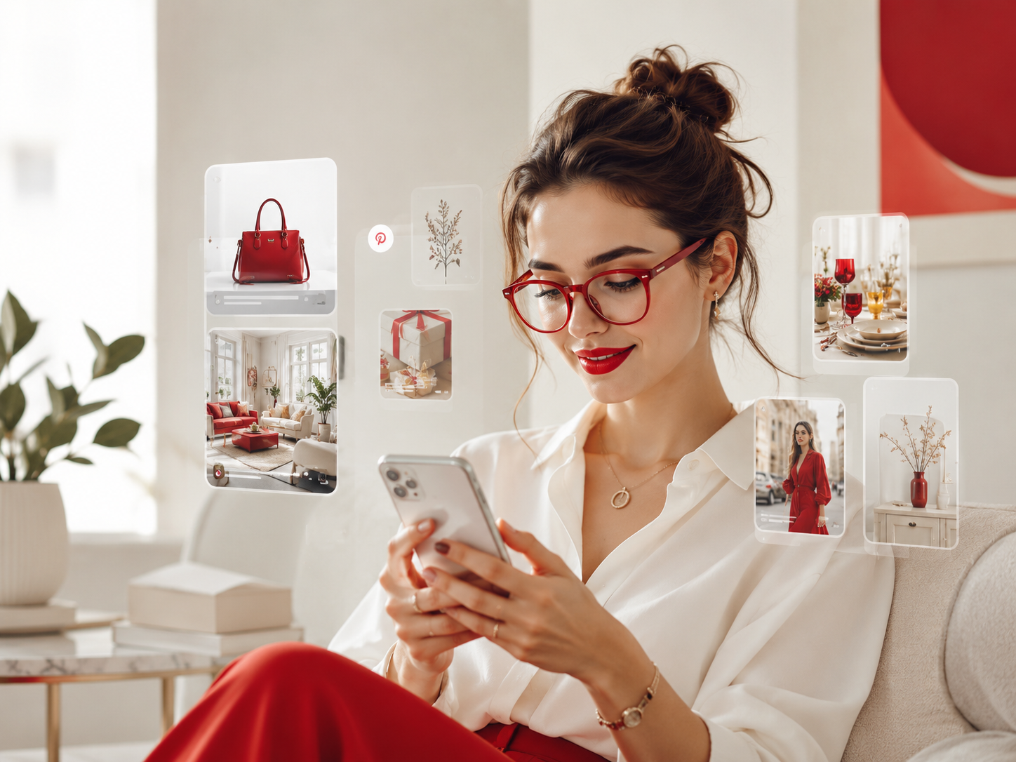 Девушка смотрит подборки Pinterest на телефоне
